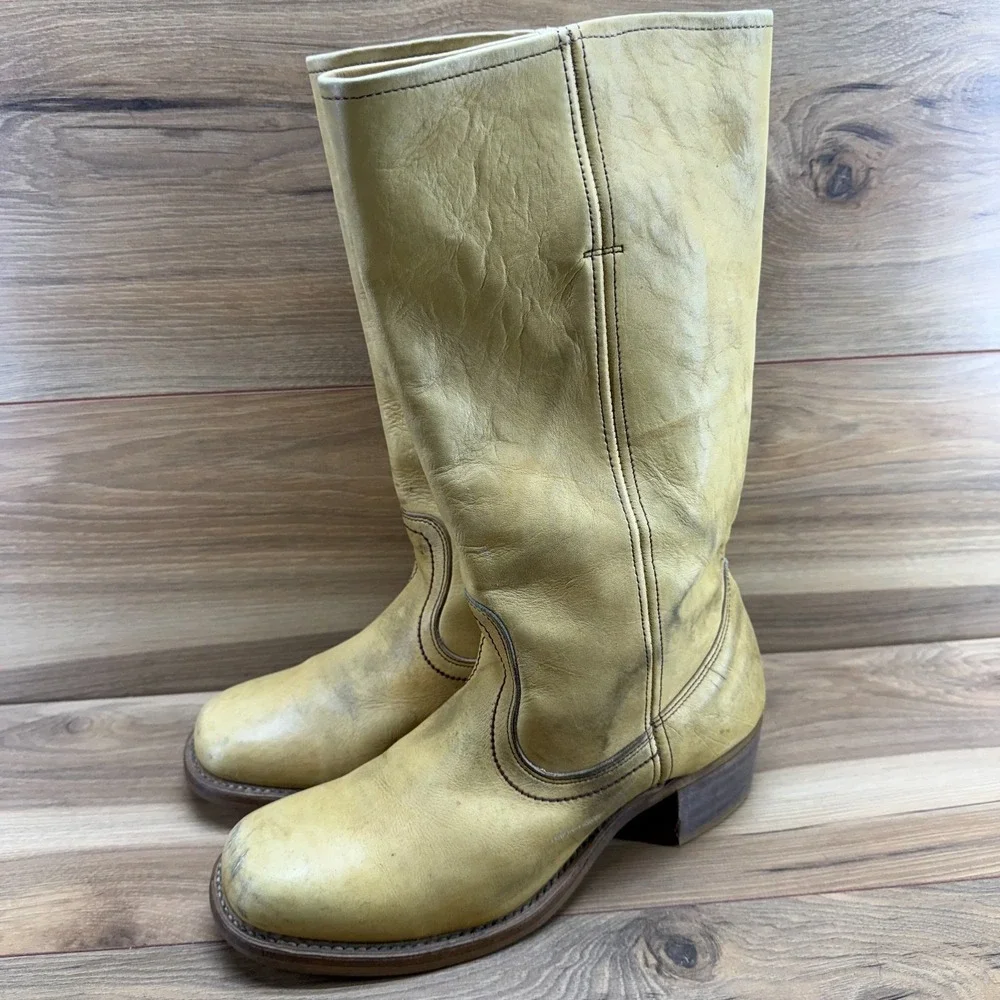 Vintage Campus Boots Banana Yellow Tan Leather Mens 10 D Stacked Heel Pull On
